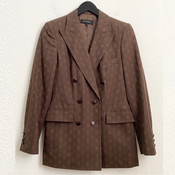 Rare Vintage ESCADA Wool Blend Double Breasted Square Print Brown Blazer Size 34 - Picture 5 of 16